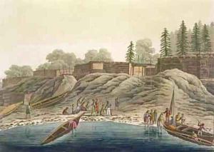 Nutka Indians exchanging gifts with European explorers or whalers