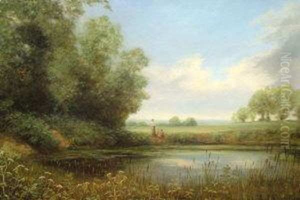 Figures By The Shores Of A River With Woodland And Fields Beyond - view 1