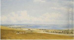 A View Of Hayling Island,
Hampshire, Seen From The South Downs,with The Spire Of Chichester
Cathedral In The Far Distance by William Turner
