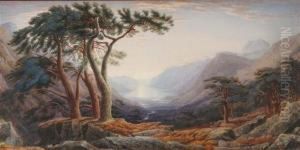 A Loch At Sunset From A Wooded And Rocky Bankwith A Multitude Of Resting Deer