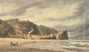 Figures On A Beach Near The Harbour Wall, Clovelly, Devon by William Turner