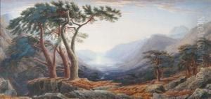 A Loch At Sunset From A Wooded And Rocky Bank With A Multitude Of Resting Deer