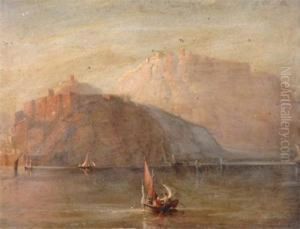 A Castle On A Hilltop With Lake And Many Small Boats by William Eddowes Turner