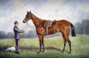 Portrait Ofa Saddled Bay Racehorse, With Groom