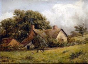 Thatched Cottage With Chickens, To The Foreground