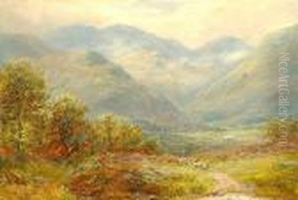 A Shepherd And Flock Making Their Way Through A Cumbrian Landscape. - view 1