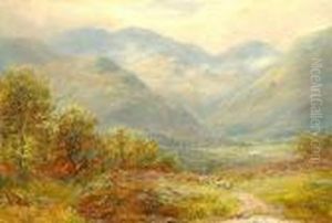 A Shepherd And Flock Making Their Way Through A Cumbrian Landscape. A Shepherd And Flock Making Their Way Through A Cumbrian Landscape.