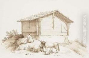 Un Chalet Du Canton De Berne Avec Une Fermiere, Des Vaches Et Deschevres Au Premier Plan by Lancelot Theodore Turpin De Crisse
