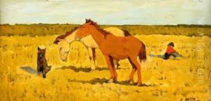 Horses In The Midday Sun by Leonard Viktorovich Turzhanky