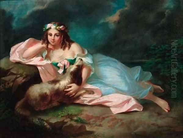 A reclining maiden with her dog - view 1