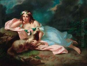 A reclining maiden with her dog