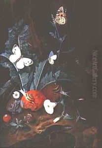 Woodland scene with thistles white butterflies and slugs by Johann Falch