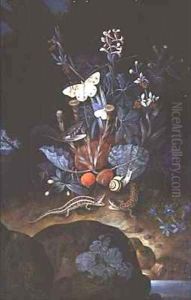 Woodland Scene with Flowers Lizards Snake and Insects by Johann Falch
