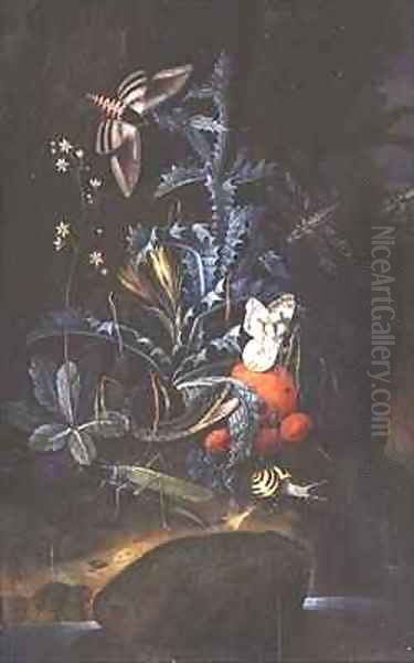 Woodland Scene with Flowering Thistle Snake Nightmoth and Butterflies - view 1