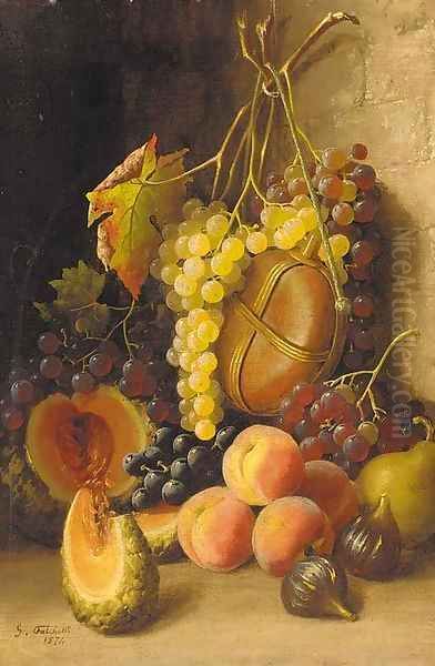 Grapes, peaches, figs, a melon and a wine flask against a wall - view 1