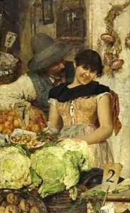 A Venetian Vegetable Stall Courtship by Giacomo Favretto