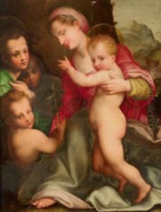 O Madonna Con Bambino E San Giovannino E Due Fanciulli Sullo Sfondo by Domenico Puligo