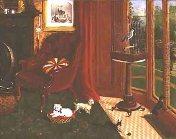 Interior with terriers and a parrot in a cage - view 1