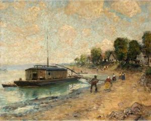 Figures Near A Boat On The Shores Of The River Donau by Ignac Ujvary