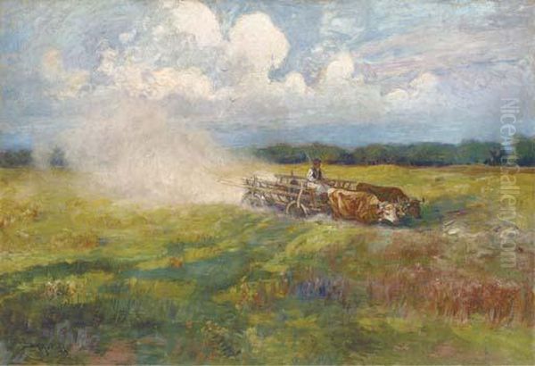 An Oxen-drawn Cart Crossing A Field In Summer - view 1