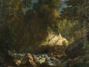 Fishermen At The Woodland Stream. 1881. by Johann Jakob Ulrich