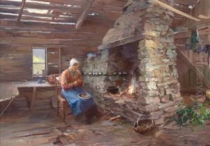 Kvinne I Interior Olje Pa Lerret
