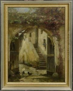 Pair Of Paintings: Chickens In A Courtyard by Paul Unbereit