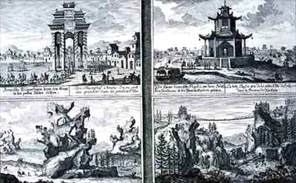 Four Views showing a Chinese Triumphal Arch a Pagoda at Sinkicien in the Province of Xantum Artificial Mountains and Caves and a Chain Bridge near the town of Kingtung China - view 1