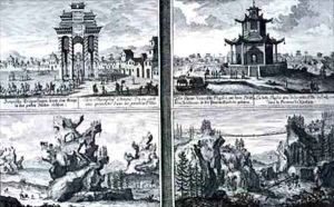 Four Views showing a Chinese Triumphal Arch a Pagoda at Sinkicien in the Province of Xantum Artificial Mountains and Caves and a Chain Bridge near the town of Kingtung China by Johann Bernhard Fischer von Erlach