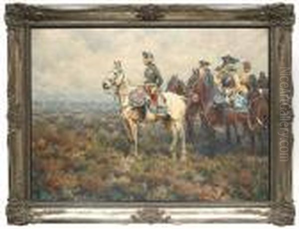 Friedrich The Great With His Generals On Horseback. Oil/canvas, Signed And Dated - view 1