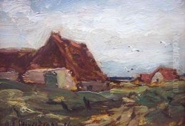 Kustenlandschaft Mit Riedgedeckten Hausern Und Auffliegenden Mowen - view 1