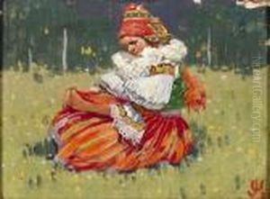 /attributed Madchen In Sonntagstracht Auf Einer Wiesesitzend by Joza Uprka