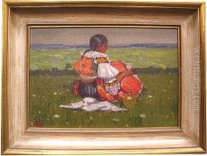 A Girl In Traditional Dress Seated In A Landscape by Joza Uprka