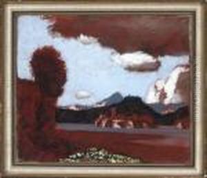 Burganlage Am Flusslauf In Hugeliger Landschaft by Hermann Urban