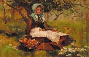 A girl in an orchard with a basket of apples by David Fulton