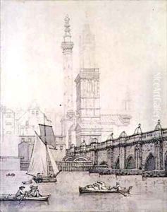 Old London Bridge and the Monument by Joseph Farington