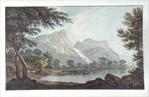 Lodore Rocks fall and cottage distance by Joseph Farington