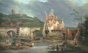 The gatehouse on the bridge over the River Severn at Bridgnorth, Shropshire, with the church of St. Leonard beyond by Joseph Farington
