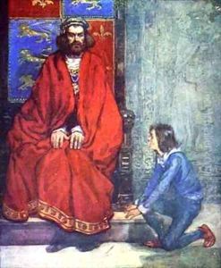The little boy knelt before the King and stammered out the story