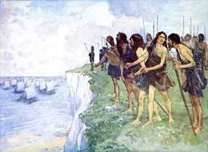 The shore was covered with men ready for battle Early Britons ready for battle as Caesar sails his galleys to find a suitable landing place