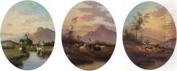 A Hay Cart In A Alpine Landscape; With Three Further Similar - view 1