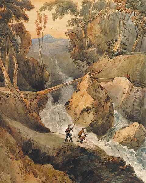 Soldiers beneath a torrent, on a mountain pass - view 1
