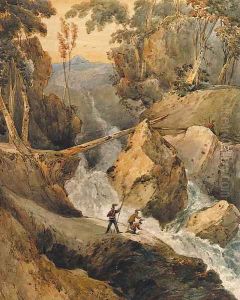 Soldiers beneath a torrent, on a mountain pass
