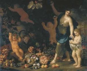 Una Fanciulla Raccoglie Frutti In Un Orto, Porgendoli A Una Bimba, Con Due Putti by Nicola Vaccaro