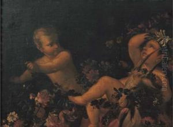 Tre Piccoli Satiri Ed Una Capra Tra Ghirlande Di Fiori - view 1