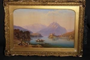 Scorcio Di Lago Laziale Con Paesecostiero E Gita Di Contadini by Charles Vacher