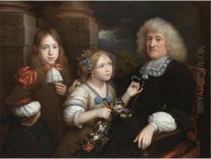 A Family Portrait With A Father Seated In A Landscape Together With His Son And Daughter by Wallerand Vaillant