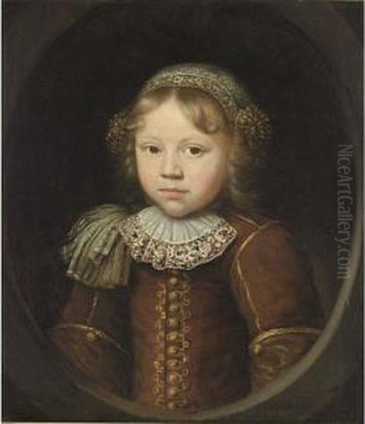 A Portrait Of A Young Boy, Aged
3?, Bust Length, Wearing A Brown And Yellow Coat, A White Lace Tie, An
Epaulet, And A Lace Headdress, In A Painted Oval - view 1