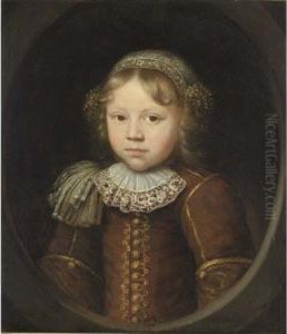 A Portrait Of A Young Boy, Aged 
3?, Bust Length, Wearing A Brown And Yellow Coat, A White Lace Tie, An 
Epaulet, And A Lace Headdress, In A Painted Oval