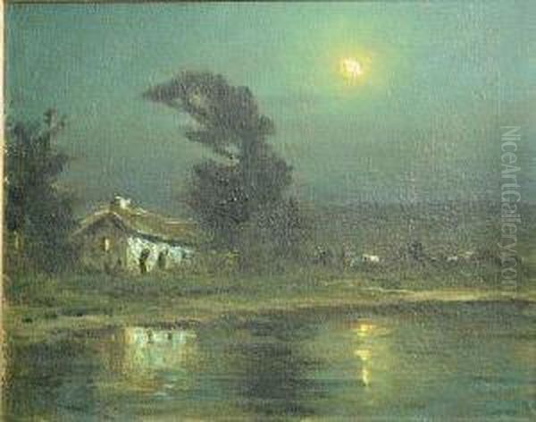 Moonlit Adobe Near A Lake - view 1